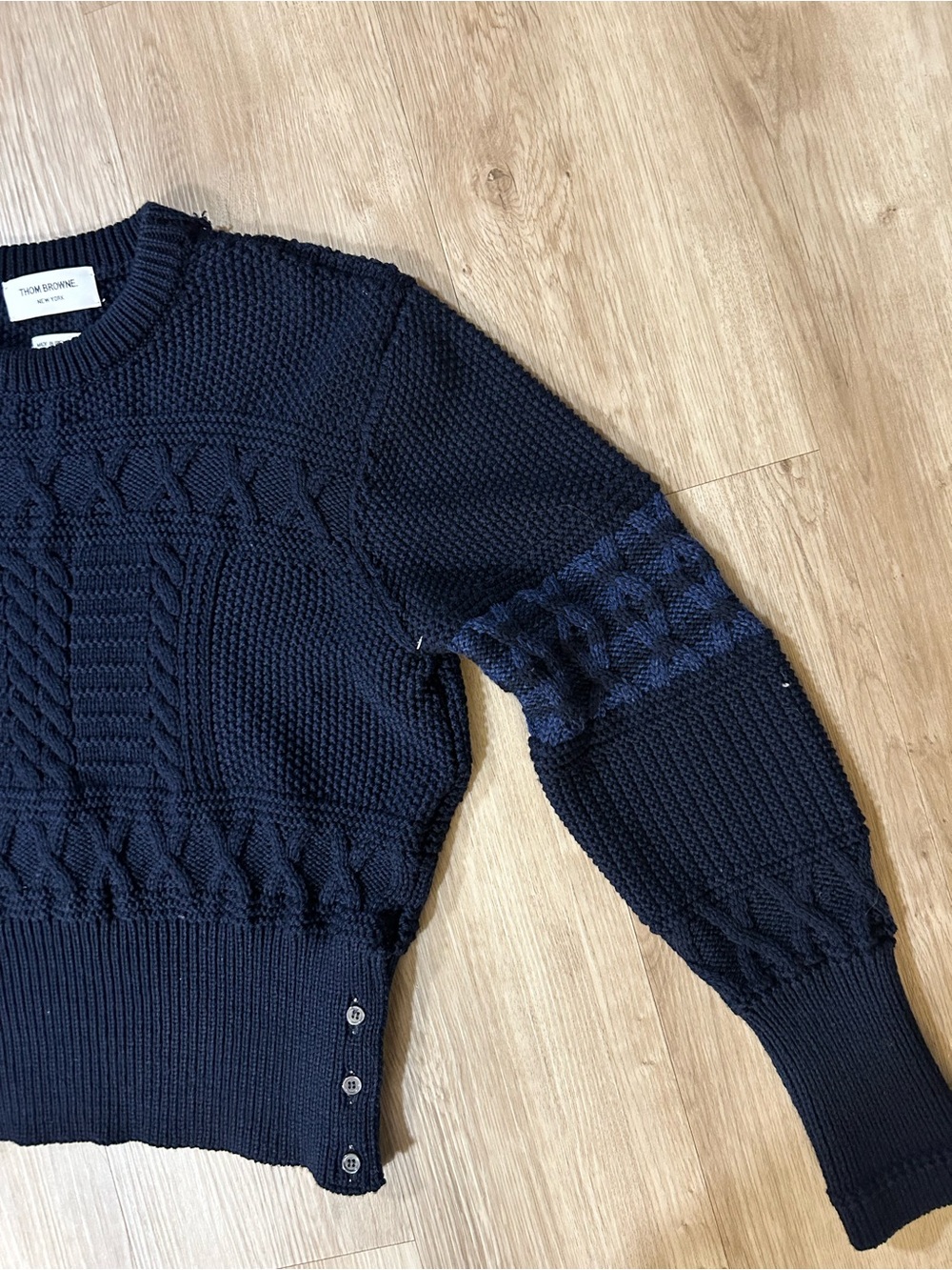 Thom Browne MKA304A-00014-415 4-Bar Aran Cable Knit Sweater Navy Merino Wool